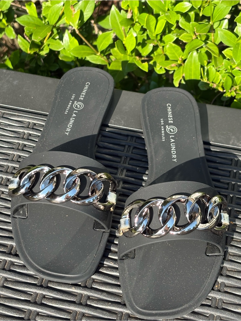 Chinese Laundry Black Slide Sandals with Chunky Silver Chain Accent